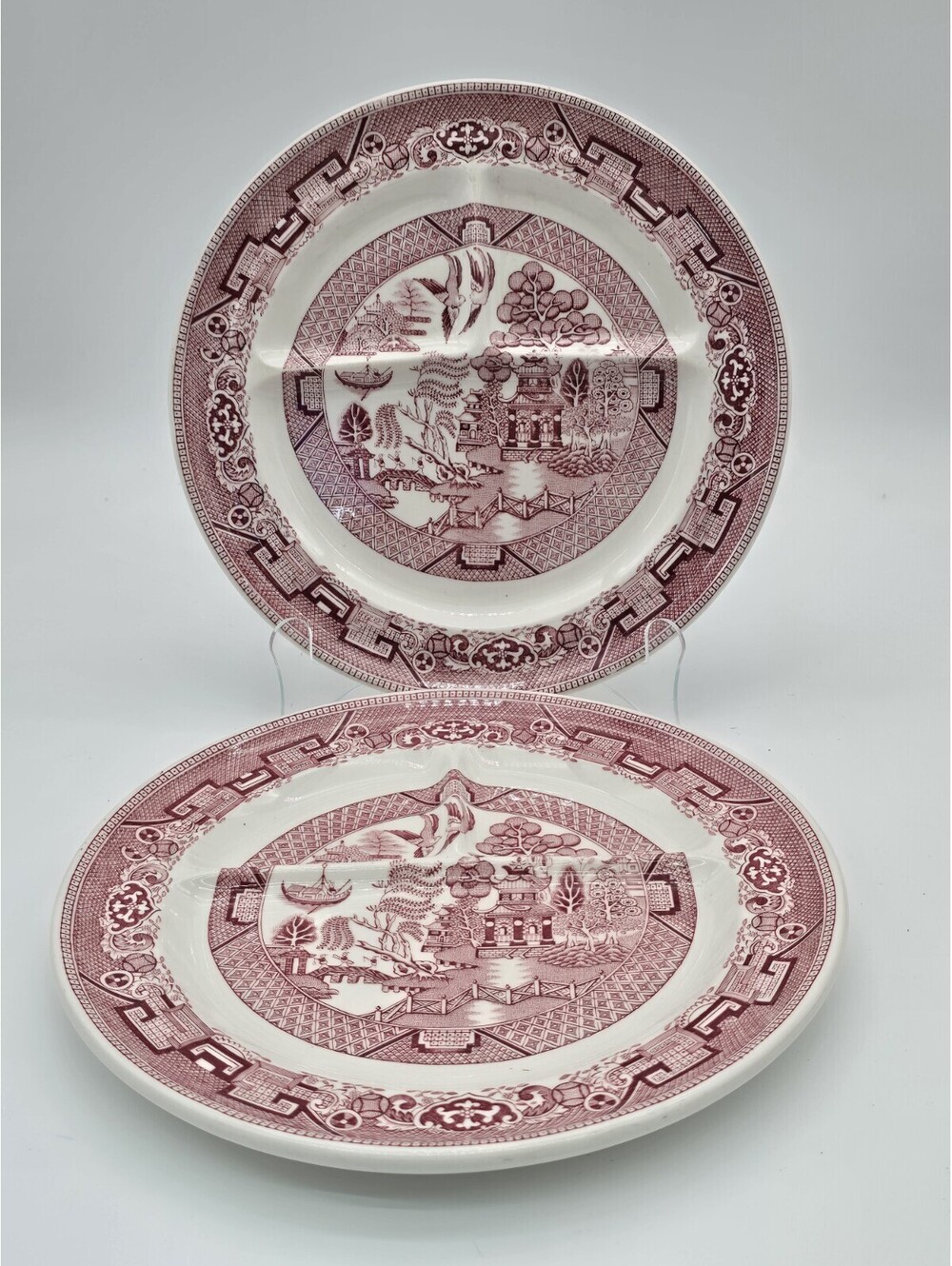 Pair Wallace China Ye Olde Willow Red Divided Grill Plates